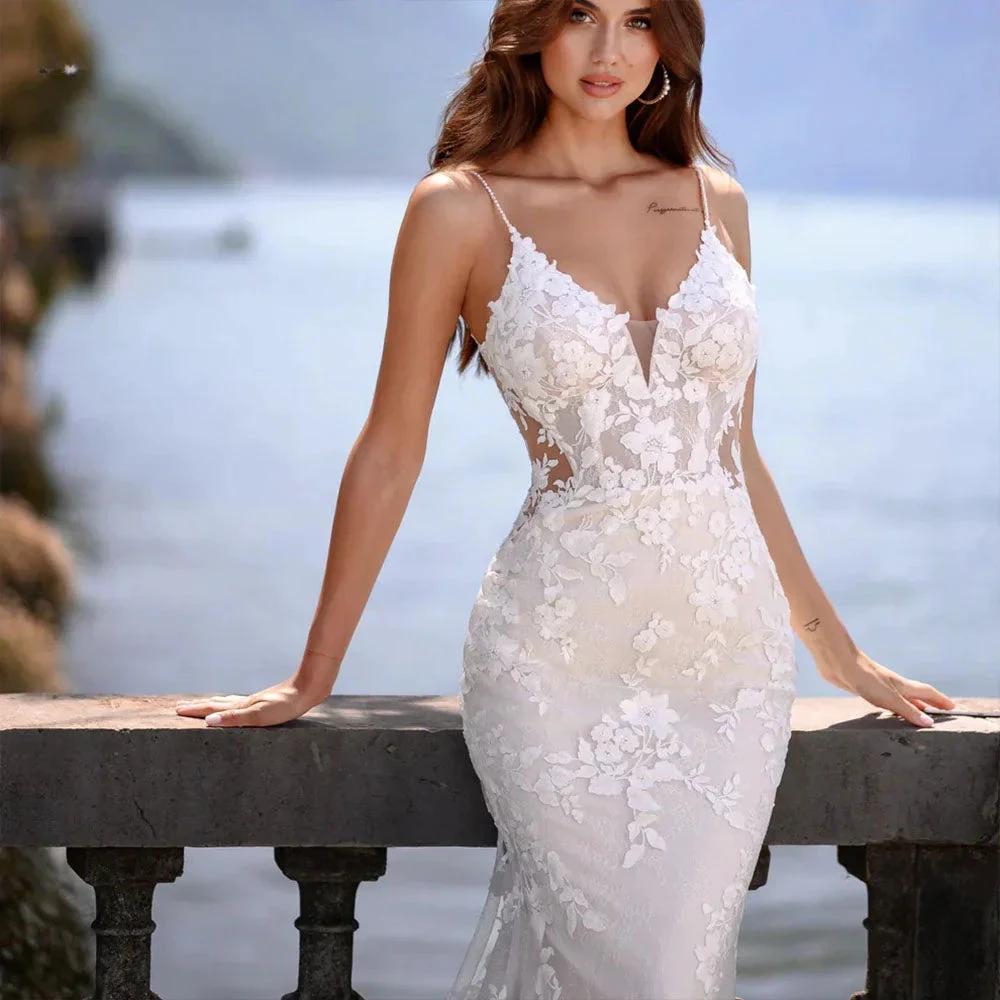 Elegant Mermaid Wedding Dress V-Neck Spaghetti Straps Lace Appliques Backless Bridal Gown Floor Length Vestidos De Novia by payinti