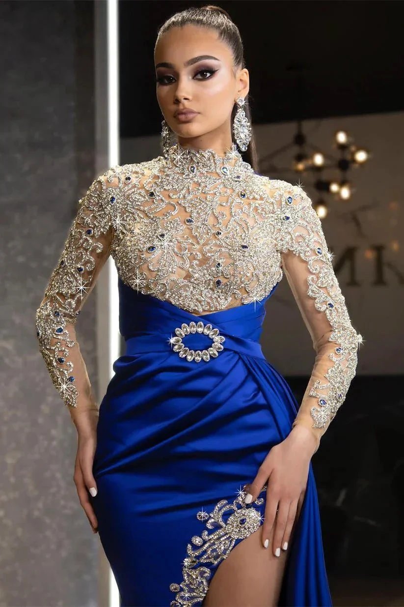 Long Sleeve Royal Blue Elegance Prom Dress with Beaded Details and Ruffled Split by BIZTUNNEL