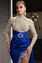 Long Sleeve Royal Blue Elegance Prom Dress with Beaded Details and Ruffled Split by BIZTUNNEL
