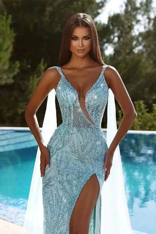 Sky Blue Spaghetti-Strap Beadings Mermaid V-Neck Prom Dress with Sequins and Split by BIZTUNNEL
