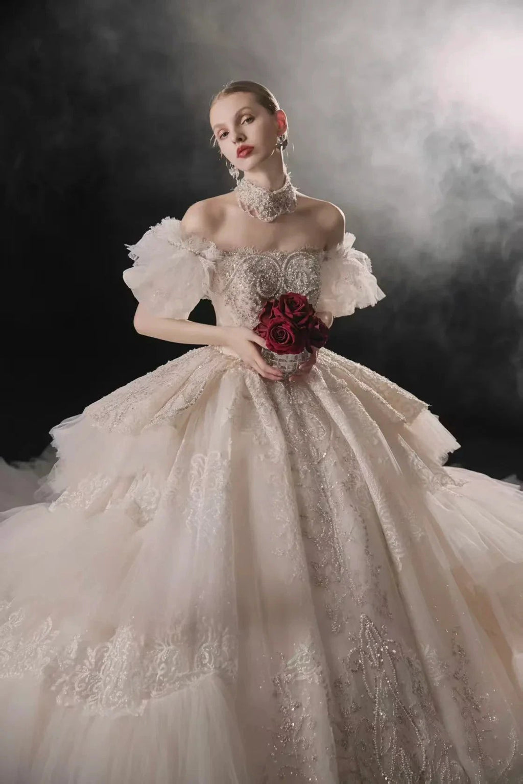 Opulent Off-the-Shoulder Ball Gown Tulle Puff Sleeve Beaded Lace Wedding Dress with Layered Ruffled Train & Choker Q6001 by ZAPDRESS