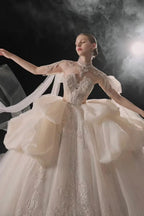 Opulent High-Neck Ball Gown Beaded Mesh Capelet Ruffled Skirt Wedding Dress with Sparkling Train Q6009 by ZAPDRESS