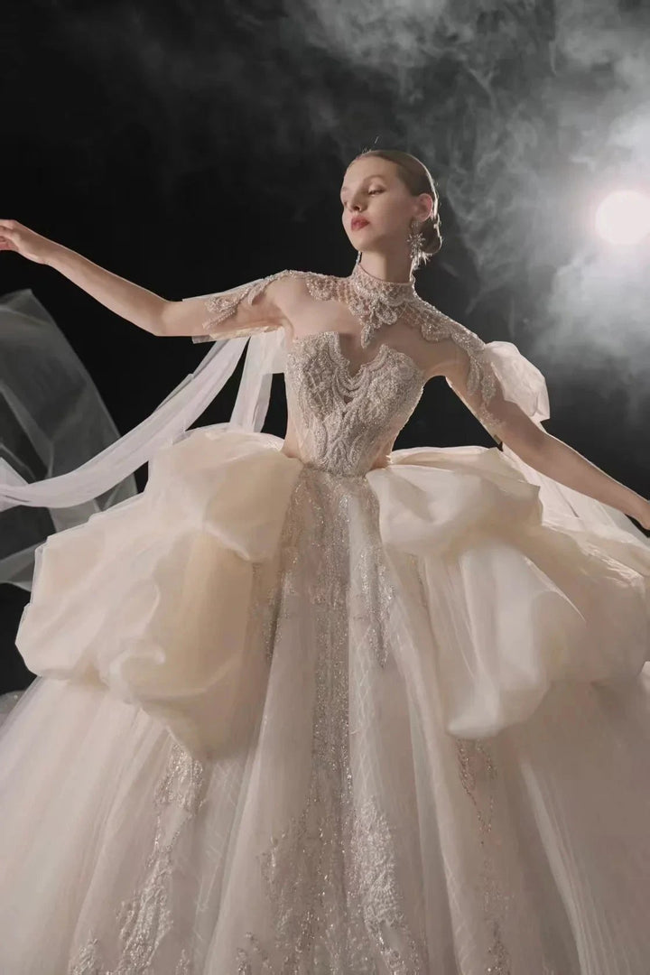 Opulent High-Neck Ball Gown Beaded Mesh Capelet Ruffled Skirt Wedding Dress with Sparkling Train Q6009 by ZAPDRESS