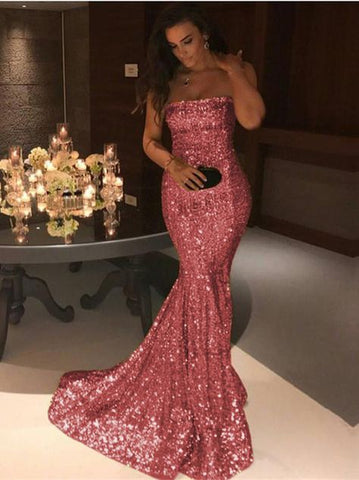 Elegant Long Strapless Sequins Mermaid Evening Prom Dress