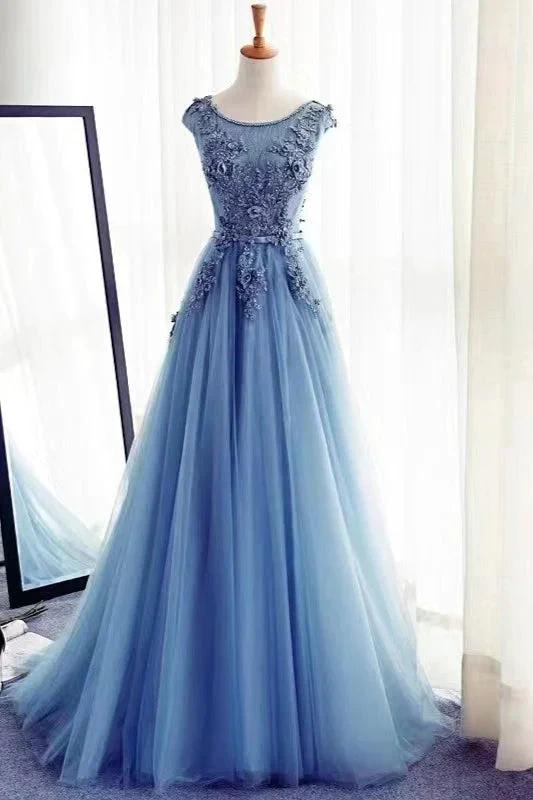 Stunning Long A-line Jewel Sleeveless Lace Tulle Prom Dress by BIZTUNNEL