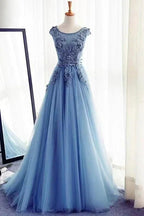 Stunning Long A-line Jewel Sleeveless Lace Tulle Prom Dress by BIZTUNNEL