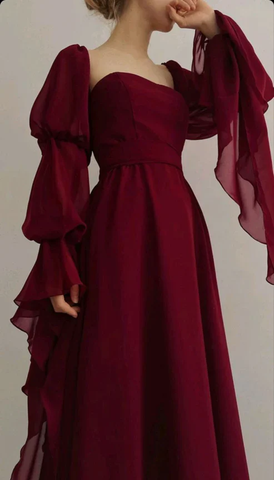 Vestido de fiesta romántico vintage de corte A color burdeos, vestido de noche Y7583