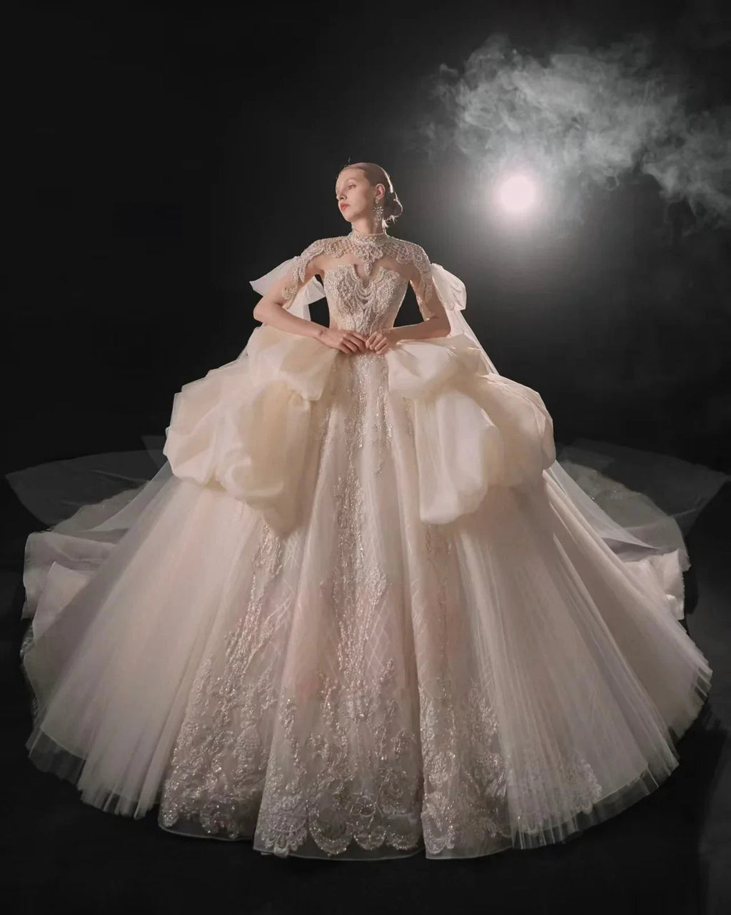 Opulent High-Neck Ball Gown Beaded Mesh Capelet Ruffled Skirt Wedding Dress with Sparkling Train Q6009 by ZAPDRESS