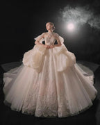 Opulent High-Neck Ball Gown Beaded Mesh Capelet Ruffled Skirt Wedding Dress with Sparkling Train Q6009 by ZAPDRESS
