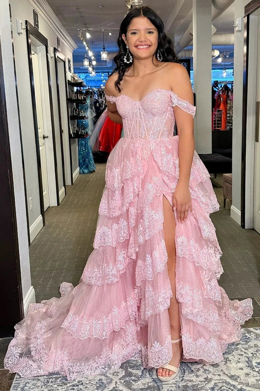 Ceryn | Pink Sequin Appliques Off-the-Shoulder Ruffle Tiered Long Gown by KissProm