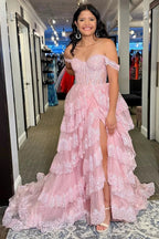 Ceryn | Pink Sequin Appliques Off-the-Shoulder Ruffle Tiered Long Gown by KissProm