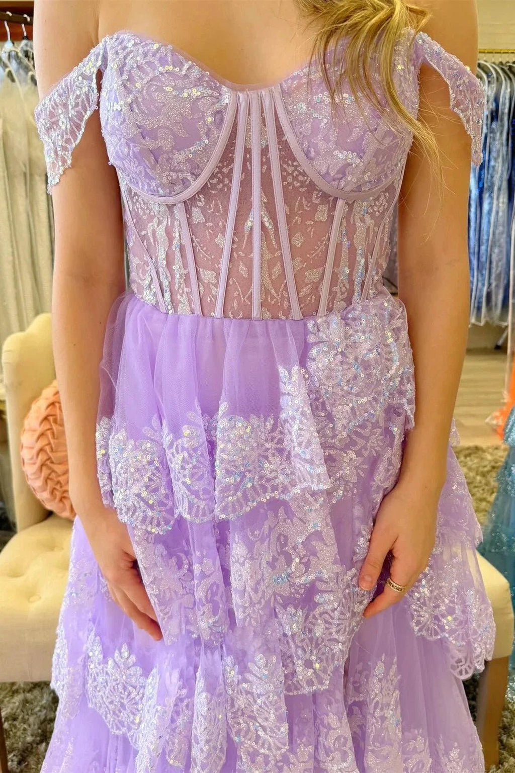 Ceryn | Pink Sequin Appliques Off-the-Shoulder Ruffle Tiered Long Gown by KissProm
