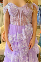 Ceryn | Pink Sequin Appliques Off-the-Shoulder Ruffle Tiered Long Gown by KissProm