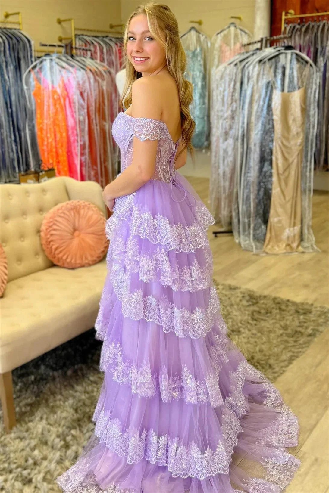 Ceryn | Pink Sequin Appliques Off-the-Shoulder Ruffle Tiered Long Gown by KissProm