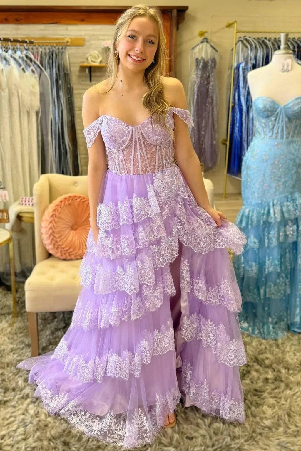 Ceryn | Pink Sequin Appliques Off-the-Shoulder Ruffle Tiered Long Gown by KissProm
