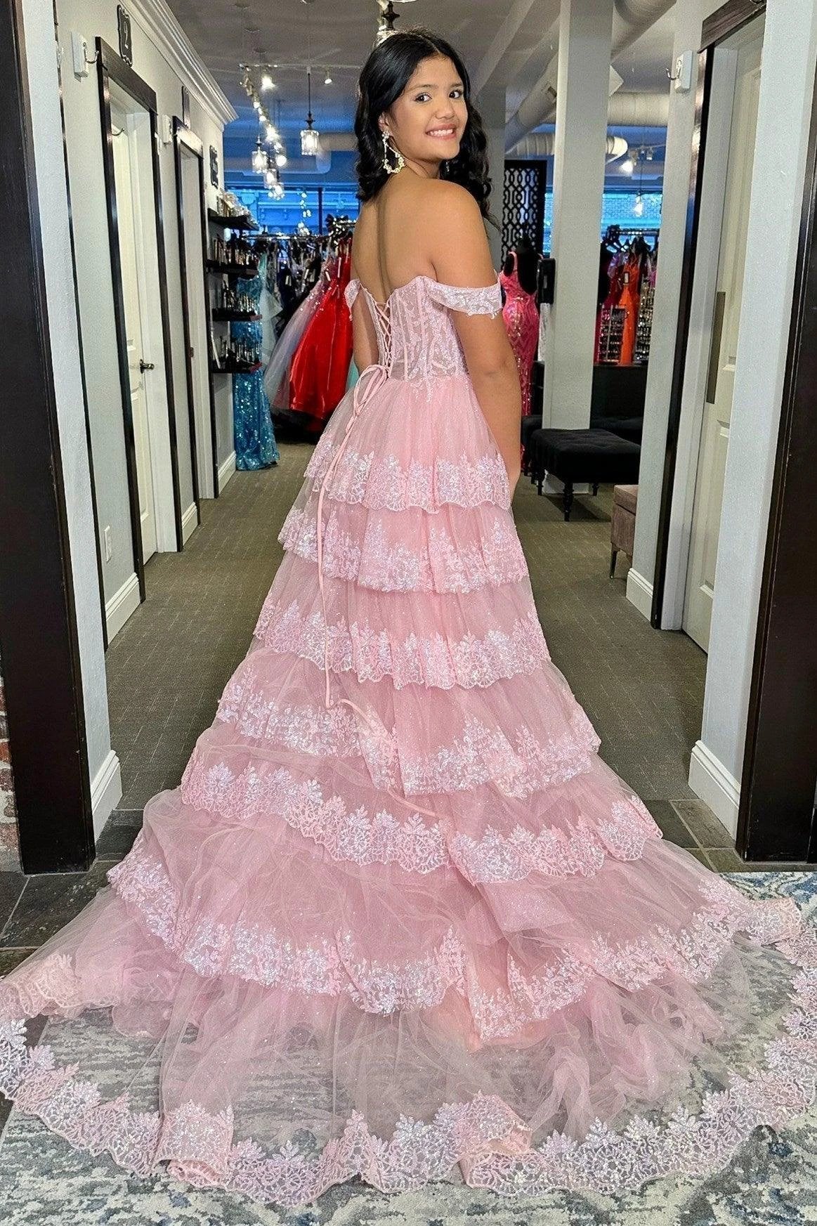 Ceryn | Pink Sequin Appliques Off-the-Shoulder Ruffle Tiered Long Gown by KissProm