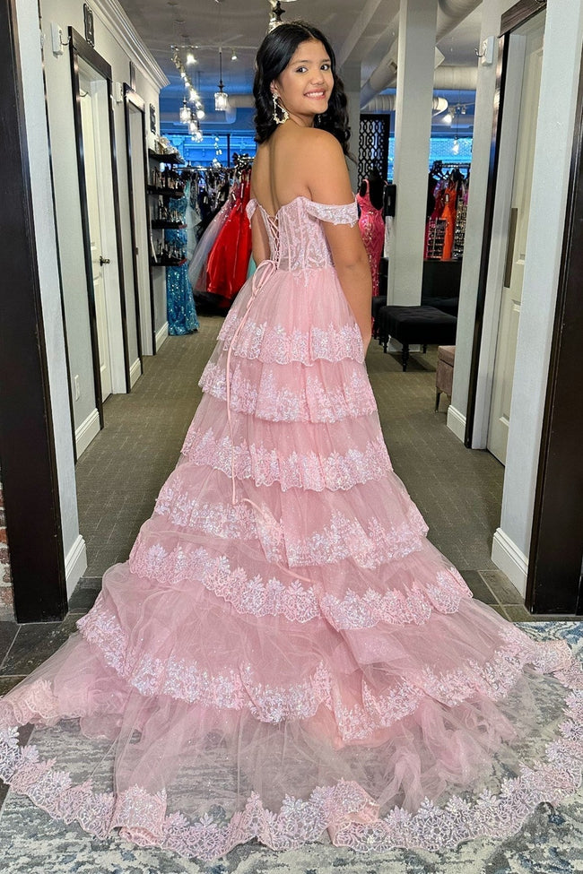 Ceryn | Pink Sequin Appliques Off-the-Shoulder Ruffle Tiered Long Gown Main Image