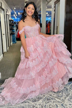 Ceryn | Pink Sequin Appliques Off-the-Shoulder Ruffle Tiered Long Gown by KissProm
