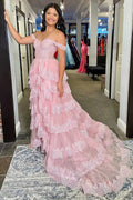 Ceryn | Pink Sequin Appliques Off-the-Shoulder Ruffle Tiered Long Gown by KissProm