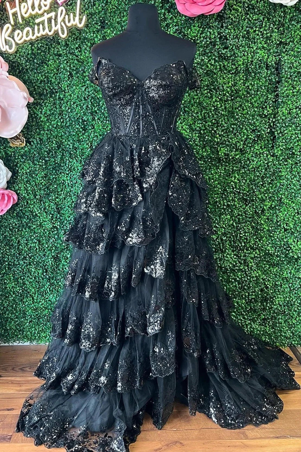 Ceryn | Pink Sequin Appliques Off-the-Shoulder Ruffle Tiered Long Gown by KissProm