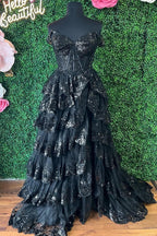 Ceryn | Pink Sequin Appliques Off-the-Shoulder Ruffle Tiered Long Gown by KissProm