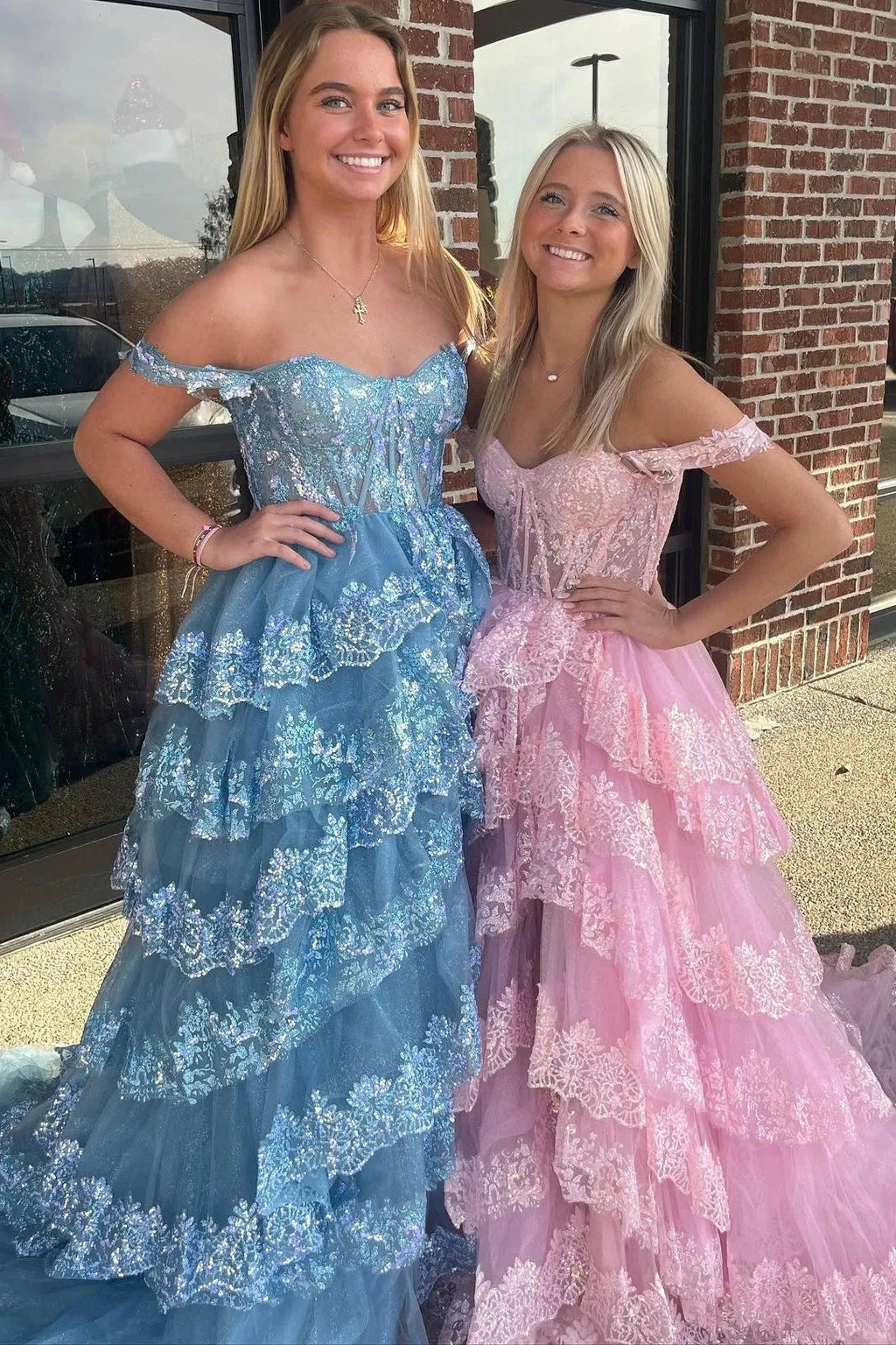 Ceryn | Pink Sequin Appliques Off-the-Shoulder Ruffle Tiered Long Gown by KissProm