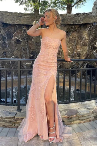 Camryn | Vestido de fiesta largo de encaje sin tirantes estilo sirena con abertura