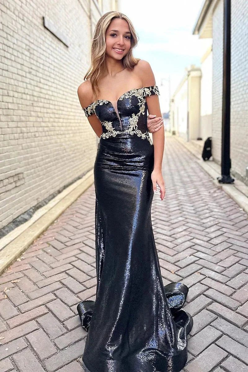 Black Off the Shoulder Sequins Long Prom Dresses with Appliques by KissProm