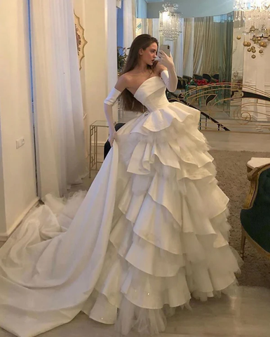 Hermoso vestido de novia blanco largo sin tirantes, corte A, elegante vestido de noche con volantes en capas Y7632