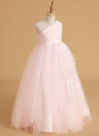 Enchanted Blush A-Line Princess Flower Girl Dress | One-Shoulder Tulle Gown w… - photo 2