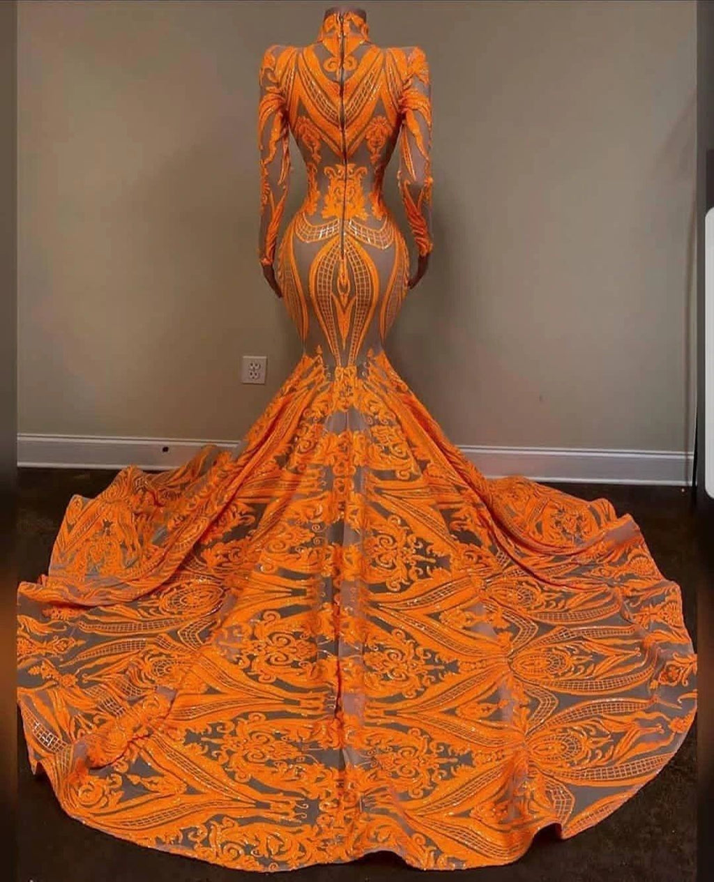 High Neck Mermaid Orange Prom Dress with Long Sleeves Sequins Lace by BIZTUNNEL
