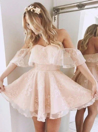 A-Line Off Shoulder Mid Back Lace Homecoming Dresses by Ombreprom