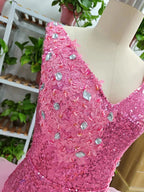 Cute V Neck Pink Short Homecoming Dress and Bottom Tulle Ruffles Pink Birthday Outfit Dress F1069 by simplepromdress