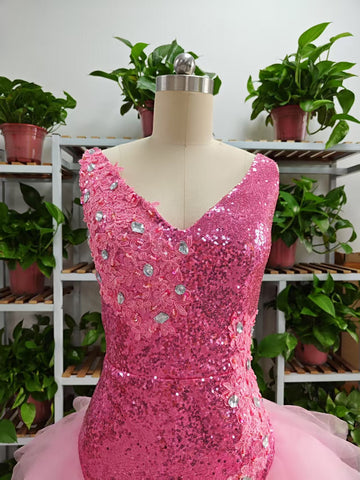 Cute V Neck Pink Short Homecoming Dress and Bottom Tulle Ruffles Pink Birthday Outfit Dress F1069