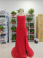 Alcyone | Mermaid Scoop Neck Red Sequins Prom Dresses with Slit F1065 by Sunnderly