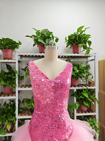 Cute V Neck Pink Short Homecoming Dress and Bottom Tulle Ruffles Pink Birthday Outfit Dress F1069