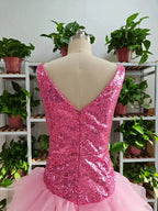 Cute V Neck Pink Short Homecoming Dress and Bottom Tulle Ruffles Pink Birthday Outfit Dress F1069 by simplepromdress
