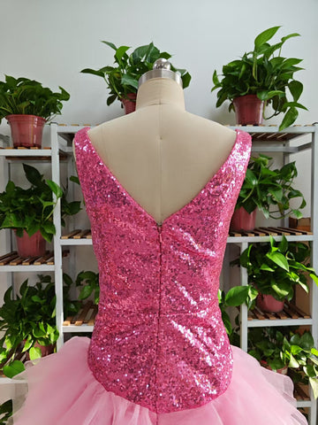 Cute V Neck Pink Short Homecoming Dress and Bottom Tulle Ruffles Pink Birthday Outfit Dress F1069