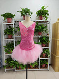 Cute V Neck Pink Short Homecoming Dress and Bottom Tulle Ruffles Pink Birthday Outfit Dress F1069 by simplepromdress