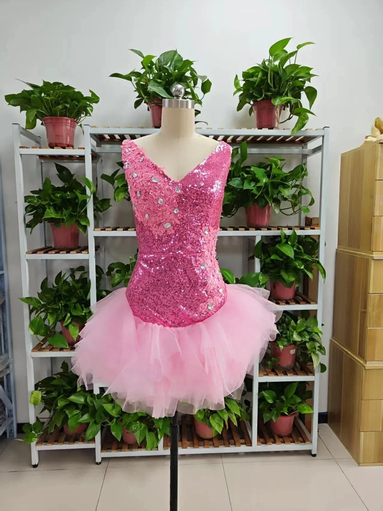 Cute V Neck Pink Short Homecoming Dress and Bottom Tulle Ruffles Pink Birthday Outfit Dress F1069 by simplepromdress