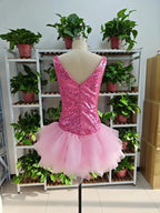 Cute V Neck Pink Short Homecoming Dress and Bottom Tulle Ruffles Pink Birthday Outfit Dress F1069 by simplepromdress
