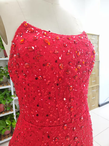 Alcyone | Mermaid Scoop Neck Red Sequins Prom Dresses with Slit F1065