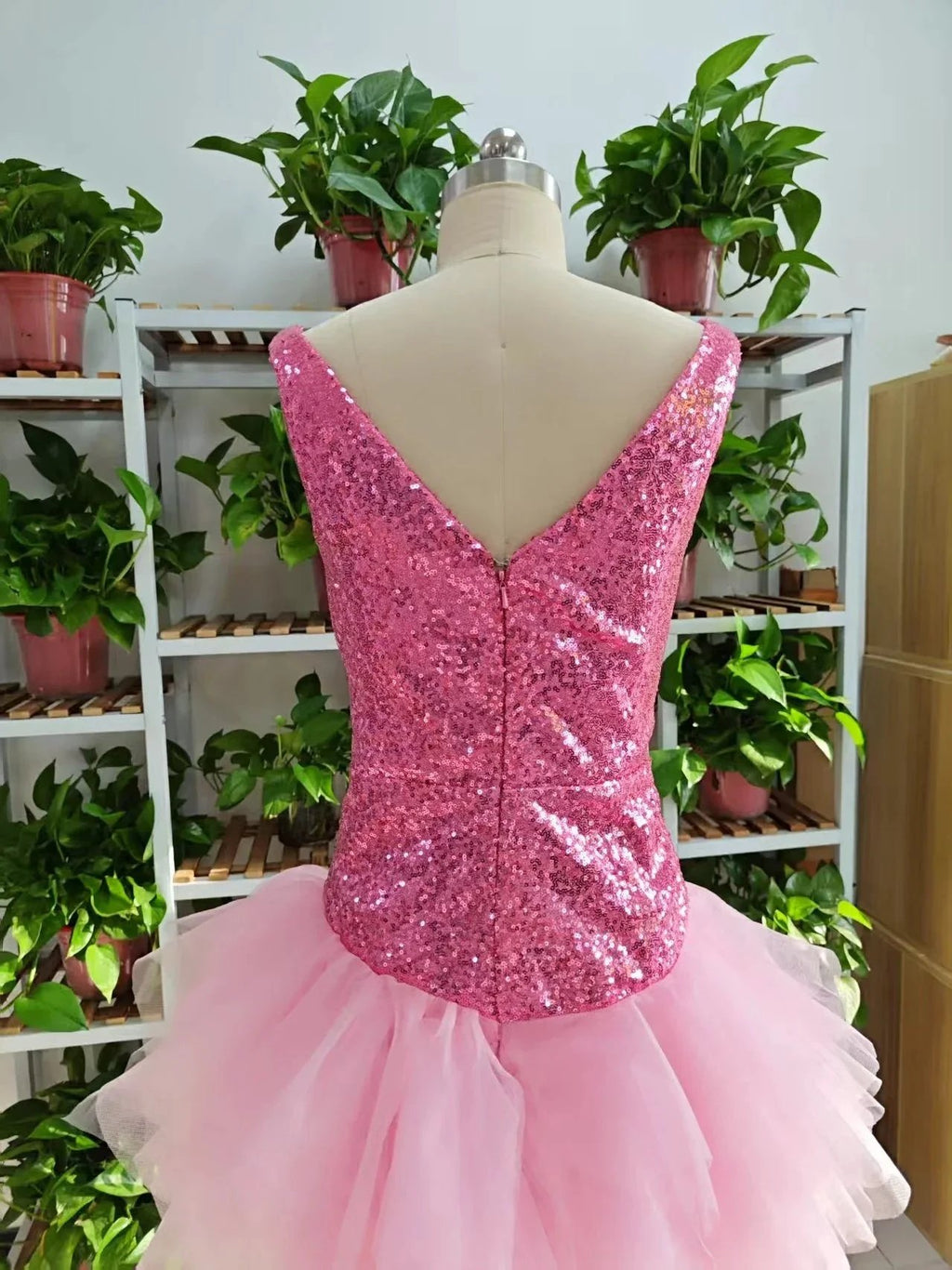 Cute V Neck Pink Short Homecoming Dress and Bottom Tulle Ruffles Pink Birthday Outfit Dress F1069 by simplepromdress