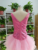 Cute V Neck Pink Short Homecoming Dress and Bottom Tulle Ruffles Pink Birthday Outfit Dress F1069 by simplepromdress