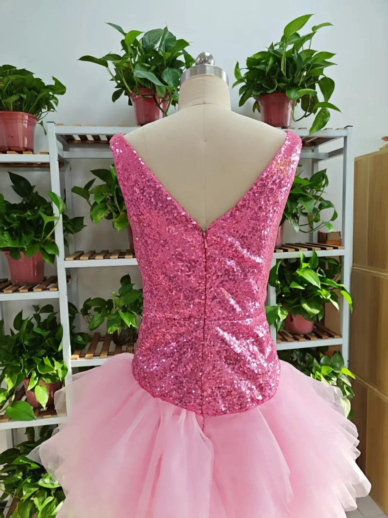 Cute V Neck Pink Short Homecoming Dress and Bottom Tulle Ruffles Pink Birthday Outfit Dress F1069 by simplepromdress
