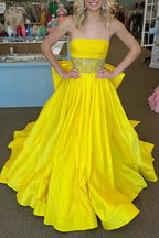Chad | Yellow Strapless Beaded Waist Bow Back Long Gown by KissProm