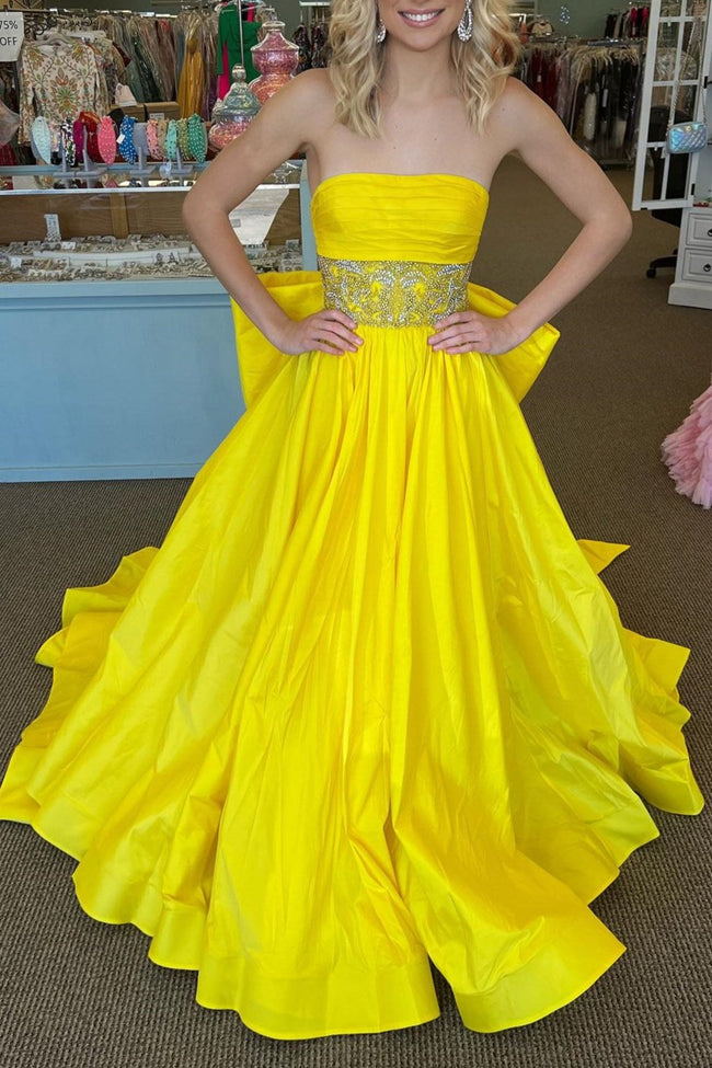 Chad | Yellow Strapless Beaded Waist Bow Back Long Gown Hover Image