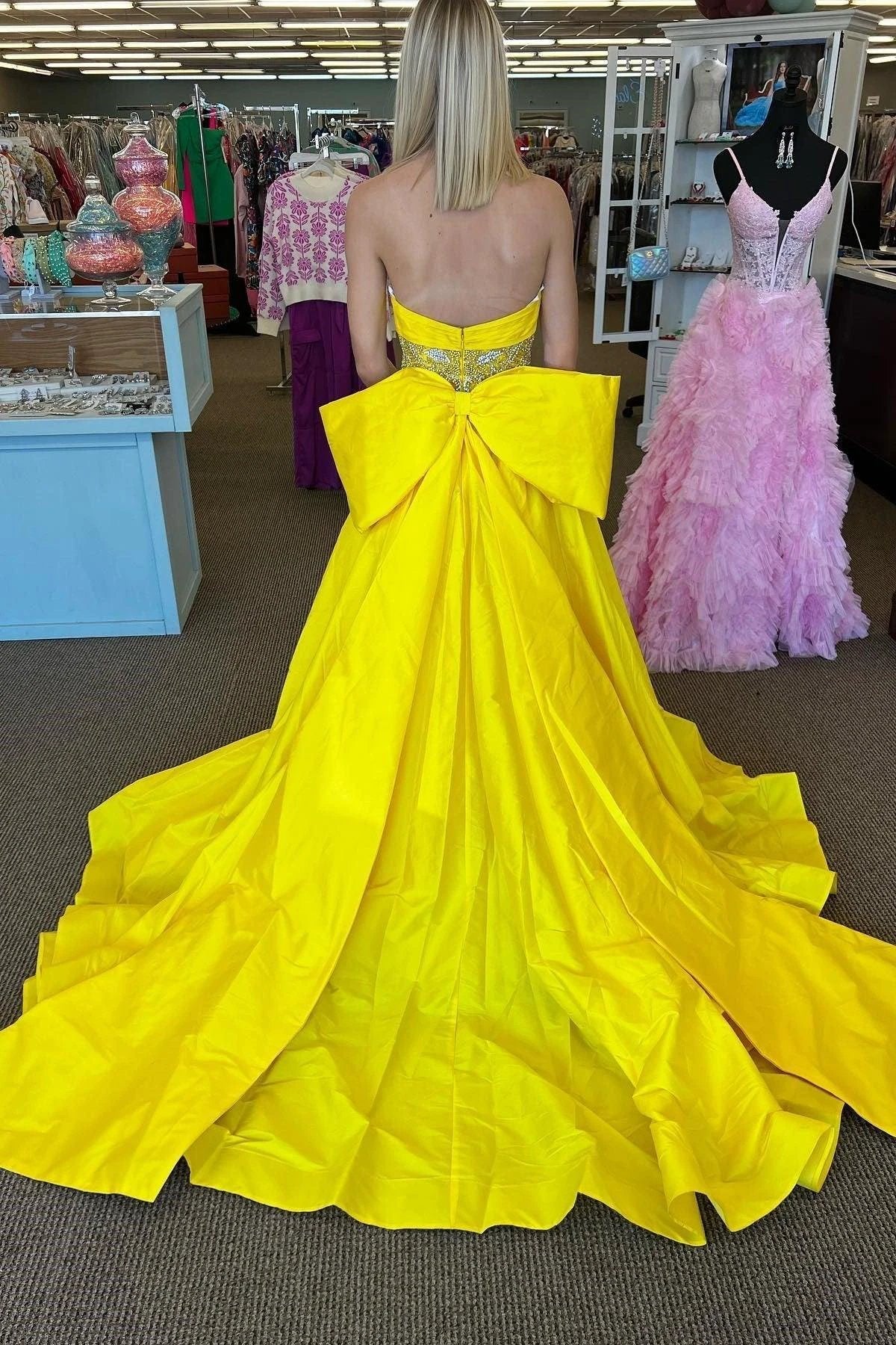 Chad | Yellow Strapless Beaded Waist Bow Back Long Gown by KissProm