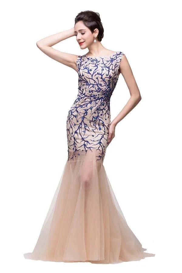 Champagne Crew Sweep-length Mermaid Tulle Prom Dresses by misshow.com