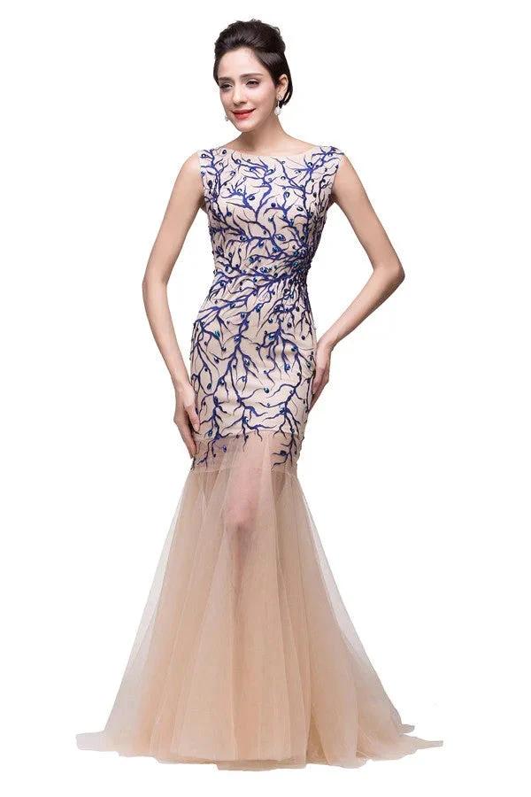 Champagne Crew Sweep-length Mermaid Tulle Prom Dresses by misshow.com